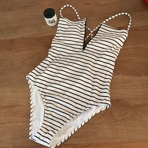 Striped one piece with lacing and zippered detail size XL
